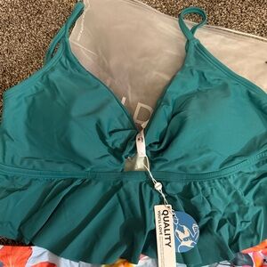 Cupshe Teal Ruffle Tankini Top with Light Blue Tropical Floral Bottoms